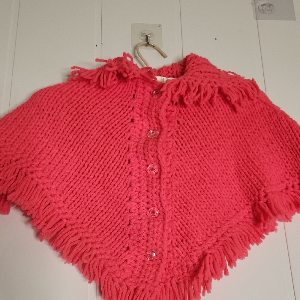 Vintage Hand Knit Barbie Pink Vibrant Button Down Poncho Cape With Collar